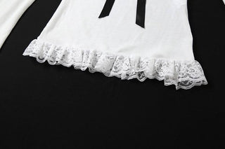 Long sleeve bowknot off shoulder lace hem ruched top