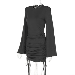 Long flared sleeve crewneck padded drawstring mini dress