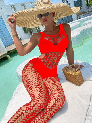 U neck sleeveless hollow out fishnet bodystocking