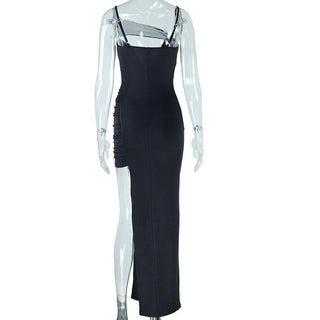 Irregular high slit ruched mesh hollow out cami cut out maxi dress