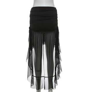 Ruched ruffle mesh mini skirt