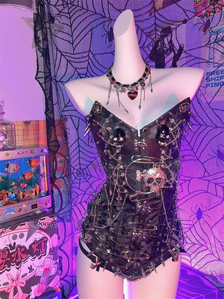 Skull metal chain PU leather lace up rivet tube top