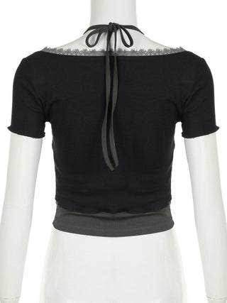 Short sleeve halter lace hem bowknot ribbed 2 piece top