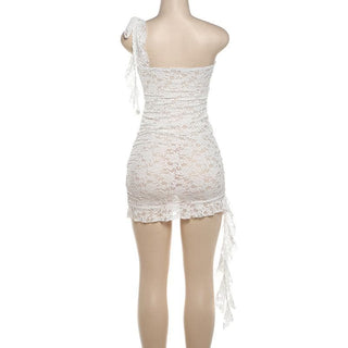 Lace see through one shoulder ruffle knotted ruched mini dress