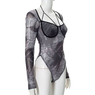 Long sleeve halter letter print button mesh bodysuit