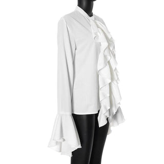 Long flared sleeve ruched ruffle button solid top