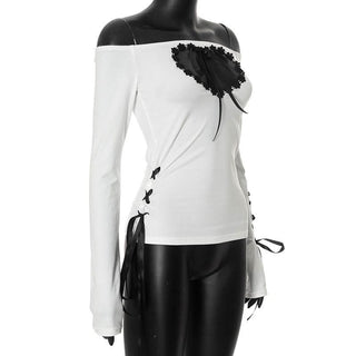 Hollow out long sleeve off shoulder self tie cut out top