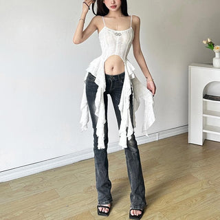 U neck textured metal applique crop top