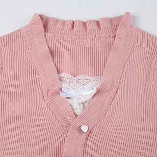 Knitted ruffle long sleeve button lace hem contrast top