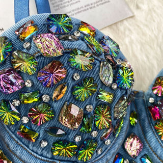 Sweetheart neck padded denim beaded cami top