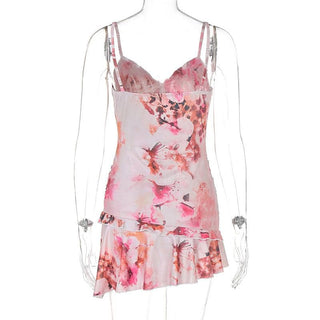 V neck ruffle ruched print backless cami mini dress