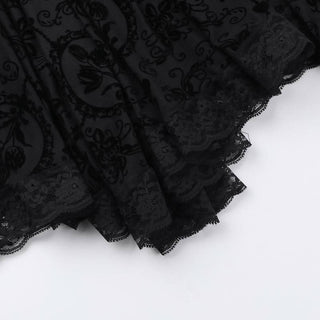 Lace hem ruched square neck print mini dress