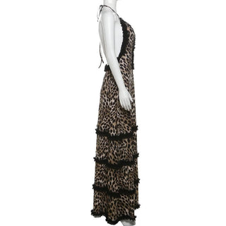 Halter deep v neck leopard print ruffle maxi dress