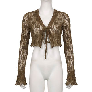 Long sleeve lace self tie crop top