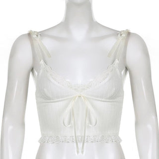 Hem lace self tie ribbed crop cami top