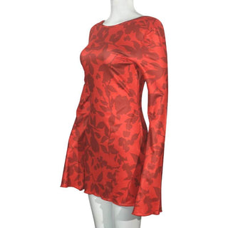 Long sleeve leopard print self tie backless mini dress