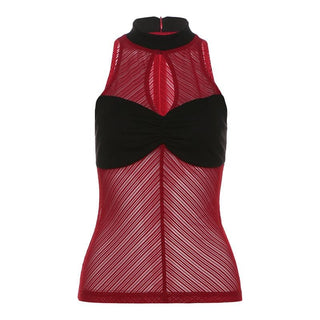 High neck ruched hollow out mesh zip-up tank cut out top