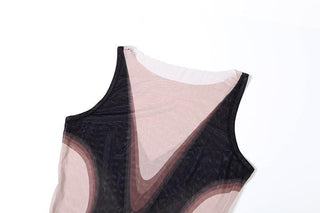 Sleeveless crewneck print irregular mesh mini dress