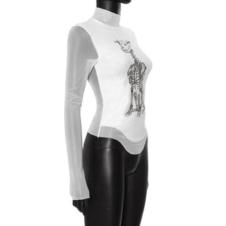 Long sleeve high neck skeleton dog print mesh top