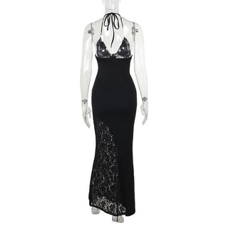 Lace v neck halter self tie ruched maxi dress
