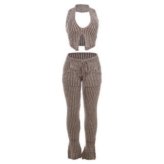 Textured striped contrast halter slit pocket v neck pant set