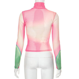Long sleeve high neck print sheer mesh contrast top