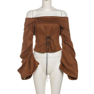 Off shoulder long sleeve lace up zip-up top