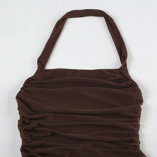 Halter square neck ruched zip-up solid maxi dress