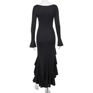Long flared sleeve v neck button slit ruffle maxi dress