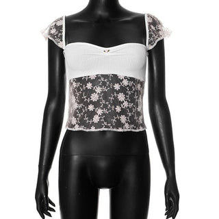 Cap sleeve lace flower embroidery ribbed top
