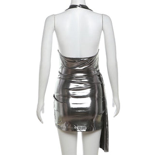 Halter ruched cowl neck metallic button mini dress
