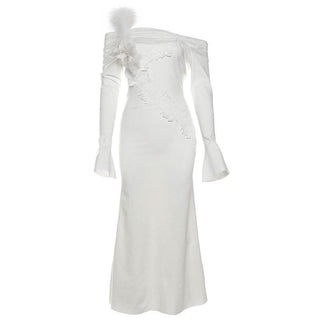 Long flared sleeve off shoulder feather lace midi dress