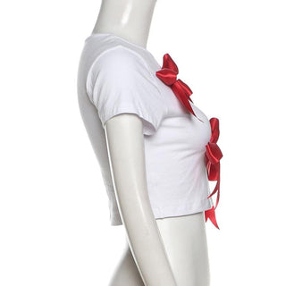 Short sleeve bowknot crewneck contrast top