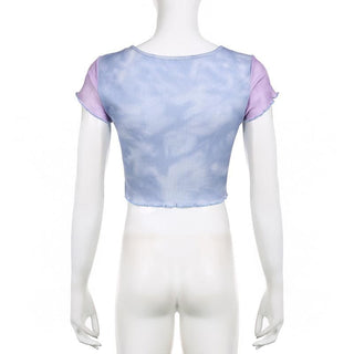 Ruffle star pattern contrast cap sleeve tie dye crop top