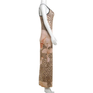 Leopard print u neck backless slit cami maxi dress