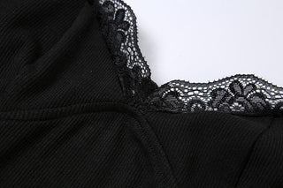 Lace hem solid v neck backless cami mini dress