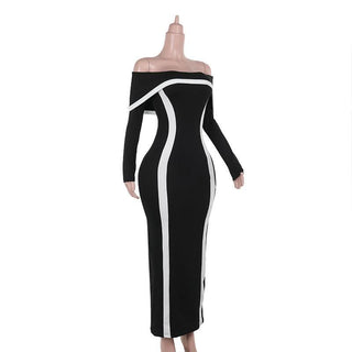 Long sleeve off shoulder contrast backless maxi dress