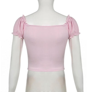 Short puff sleeve hollow out bowknot cut out top