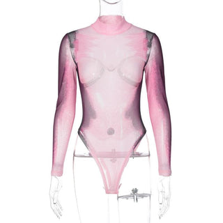 Sheer mesh see through body print high neck long sleeve bodysuit
