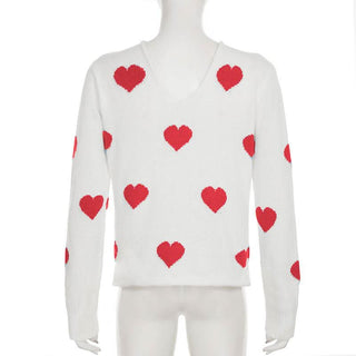 Long sleeve v neck sweetheart pattern knitted top