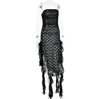 Lace ruffle solid high slit see through tube midi dress