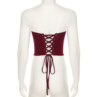 Lace up PU leather button corset solid tube top