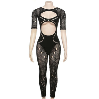 Hollow out short sleeve button fishnet solid jumpsuit