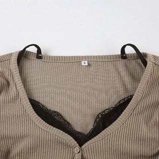 Long sleeve lace hem patchwork button top