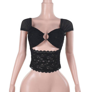 Hollow out lace cap sleeve v neck solid cut out top