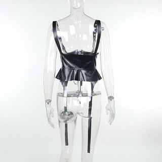 Pu leather lace up ruffle buckle cami top