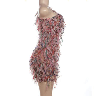 One shoulder irregular tassels contrast mini dress