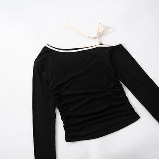 One shoulder long sleeve self tie top