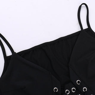 V neck lace up hollow out solid cami bodysuit