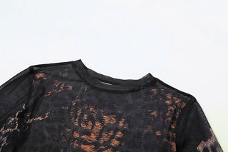 Crewneck long sleeve leopard print mesh mini dress